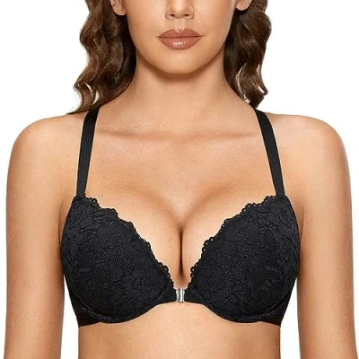 Imagen de DOBREVA Sujetador Push Up de Encaje y Cierre Delantero para Mujer Acolchado con Aros Negro 85A