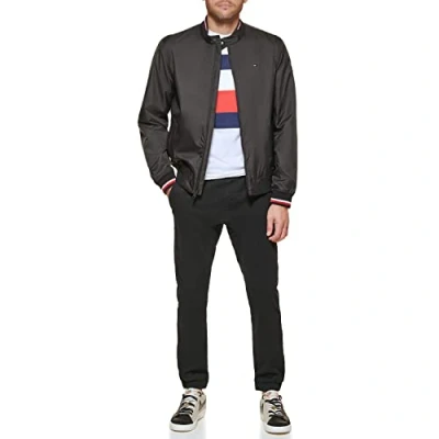 Imagen de Tommy Hilfiger Chaqueta Bomber Ligera de Punto Acanalado Varsity Shell, Poli Negro, S para Hombre