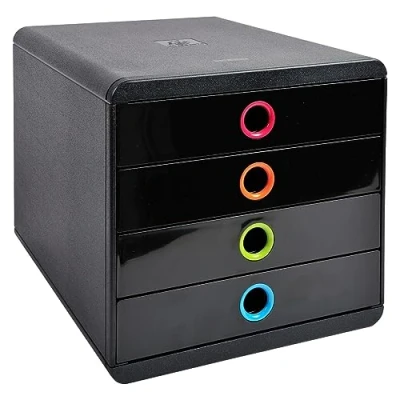 Imagen de Exacompta 314498D Módulo individual con 4 cajones para documentos A4+, ultra rígido, cerrados, stop de seguridad 347x278x267 mm BIG BOX POP Negro/multicolor