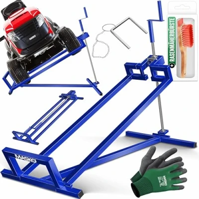 Imagen de MASKO® Elevador para Tractores de Césped XXL 400 kg Plataforma Elevadora Levantador Cortacésped Asiento Ayuda Limpieza Universal +45 Inclinación Ajustable Incluye Guantes Trabajo Azul