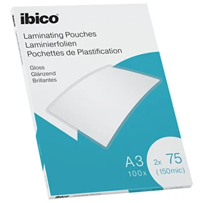 Imagen de Ibico 627319 Láminas para Plastificar, Carteras de Tamaño A3, Acabado Brillante, 2x75 150 Micras, Caja 100, Transparentes, Esquinas Redondeadas, Compatible con Todas las Marcas