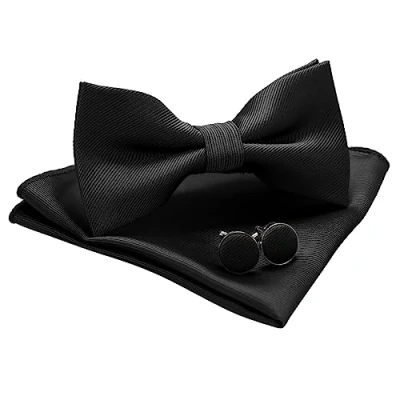 Imagen de JEMYGINS Conjunto de Pajarita y Pañuelo Sólido con Gemelos para Hombre Negro 2