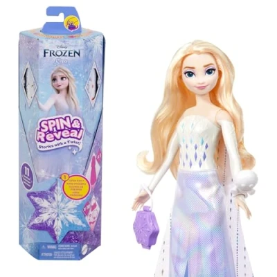 Imagen de Disney Frozen Elsa Spin And Reveal Muñeca princesa que revela sorpresas y accesorios, juguete +3 años (Mattel HTG25)