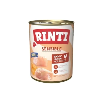 Imagen de RINTI Sensible Comida húmeda para Perros Adultos sensibles con trozos Naturales de Carne. Alimento Completo sin Cereales en Lata aditivos Artificiales 6 x 800 g Pollo + Zanahoria