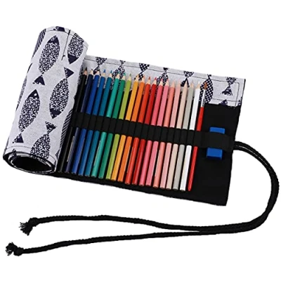 Imagen de Abaría Bolso para lápices, grande estuche enrollable 72 lapices colores, portalápices de lona, bolsa organizador lápices infantil adulto, pescado