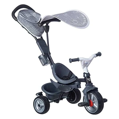Imagen de Smoby Triciclo Baby Driver Confort Plus Gris, Evolutivo, Bastidor Metálico, con Barra de Empuje Parental, A Partir 10 Meses