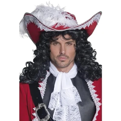 Imagen de Smiffys Auténtico sombrero de pirata, rojo, con ribete plateado y pluma