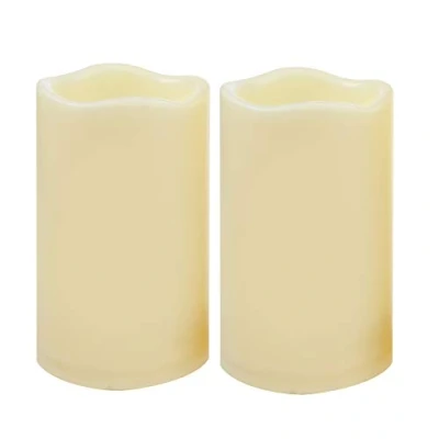 Imagen de 2 velas LED sin llama de 3 x 5 pulgadas, impermeables, funcionan con pilas, temporizador, luz decorativa eléctrica resina plástica parpadeante para farol, patio, jardín, decoración del hogar,