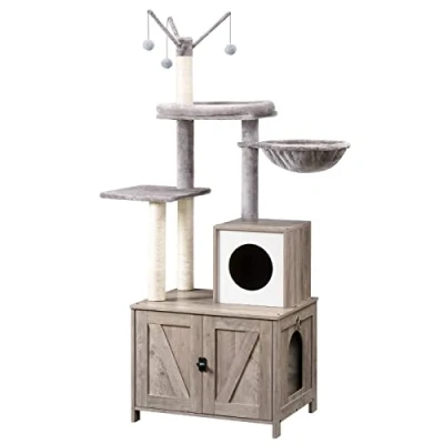 Imagen de HOOBRO Árbol Trepador para Gatos con Cajón de Arena, Mueble Arena Oculto, Casa Poste Rascador, Mordedor Desmontable Borlas, Gris EBG15MZ03