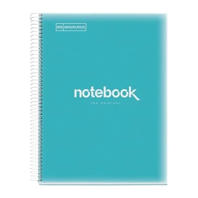 Imagen de Miquelrius Cuaderno A4 Notebook Emotions, 120 Hojas 90 g/m², Rayado Horizontal 7 mm, 5 Franjas de Colores, Espiral Microperforado, Tapa Polipropileno, 4 Taladros, Color Azul Cielo