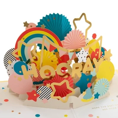 Imagen de Hallmark tarjeta para cualquier ocasión, de celebración, 3D y desplegable, cumpleaños, graduación, felicitaciones, estrellas, globos, rojo, azul, dorado