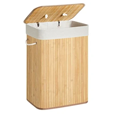 Imagen de SONGMICS Cesto de la Ropa Sucia con Tapa, 72 L, Lavandería Bambú, Plegable, Bolsa Lavable Extraíble, Asas, para Lavandería, Dormitorio, Natural LCB10Y
