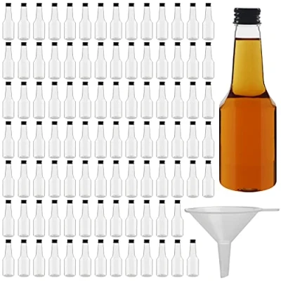 Imagen de BELLE VOUS Botellas de Licor Miniatura (Pack 96) Botella Reutilizable Plástico 100 ml Vacías Tapa Negra Rosca y Embudo para Llenarlas Mini Licor, Bodas Fiestas