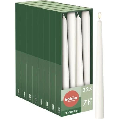 Imagen de Bolsius Velas lisas de punta blanca 32 unidades en caja cartón decorativas para el hogar Duración combustión 7 horas Sin perfume Contiene protección vegetal natural aceite