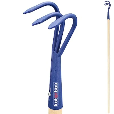 Imagen de KOTARBAU® Cultivador para jardín, Aireador Manual 3 Dientes curvos, Mango de Madera Largo, Herramienta jardinería mullir y airear la Tierra, Garra Extirpador con Largo