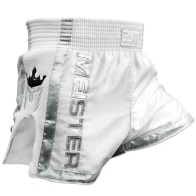 Imagen de Meister Elite Pantalones Cortos de Muay Thai Cintura Totalmente Elástica con Malla Blanco/Plata Pequeño (30 31)