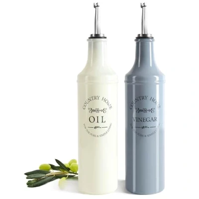 Imagen de COM FOUR® Juego de Botellas 2 Piezas para Aceite y vinagre Vidrio Colores con Pico, Tapa Tubo ventilación Acero Inoxidable (2 partes botellas)