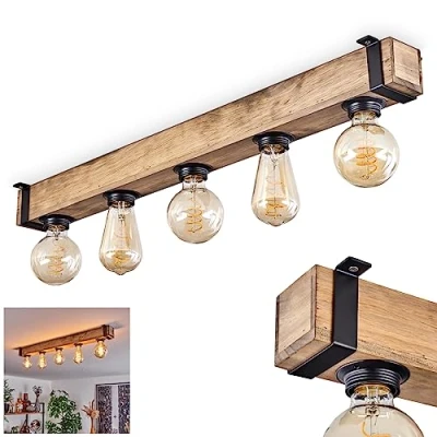 Imagen de lámpara de techo Montgomery, metal/madera en negro/naturaleza, luz estilo industrial, retro/vintage con haz madera, 5 x casquillo E27. sin bombillas