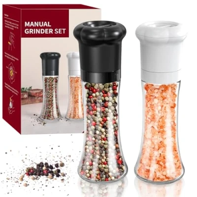 Imagen de CIRCLE JOY Juego Manual de Molinillo Sal y Pimienta para Chef Profesional, Salero Pimentero con Cuchillas Cerámica, Grosor Ajustable Recipiente Vidrio 180ml sin BPA, Alto Negro Blanco