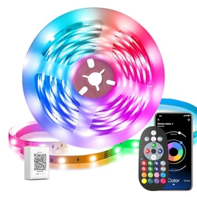 Imagen de Tira LED de 10 m luz decorativa multicolor, RGB guirnalda luces regulable con mando a distancia, Bluetooth APP, música para fiestas, hogar, salón
