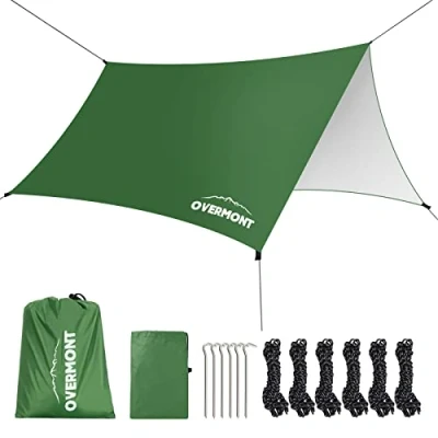Imagen de Overmont Tienda de Campaña Tarp 3m x Multifuncional Portátil Toldo Protección Solar con 6 Estacas y Cuerdas para Hamaca Viajes al Aire Libre Picnic Verde