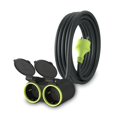 Imagen de MutecPower 5m Cable alargador de Corriente con 2 enchufes Schuko para Uso Exterior IP44 H05RR F3G 1,5mm² alargo Doble Tomas Protección Infantil Goma 5 Metros Negro/Verde