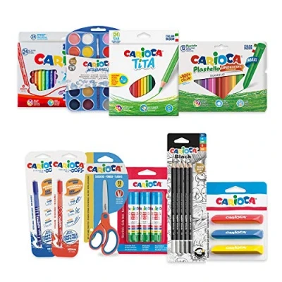 Imagen de CARIOCA Back To School Set Papelería Vuelta al Cole con Lápices de Colores y Grafito, Acuarelas Pincel, Rotuladores, Bolígrafos Borrables, Ceras, Gomas, Tijeras Pegamento Barra, 100 Uds