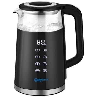 Imagen de WANNYTON Hervidor Agua Electrico 1,7 L, 2000W, de Rápido con Selección Temperatura (40 100℃), Eléctrico Acero Inoxidable y Vidrio, sin BPA, Protección Segura, Negro