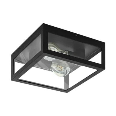 Imagen de Eglo Amezola lámpara de techo 2 focos, aplique estilo industrial, vintage, salón acero y cristal, cocina en negro, transparente, baño, casquillo E27, IP44