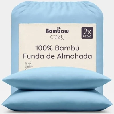 Imagen de Fundas de Almohada Bambú Azul Claro 65x65 cm Tacto Suave y Fino 2 x Funda Antiácaros Tejido Transpirable Pillow Case Cojín Bambaw