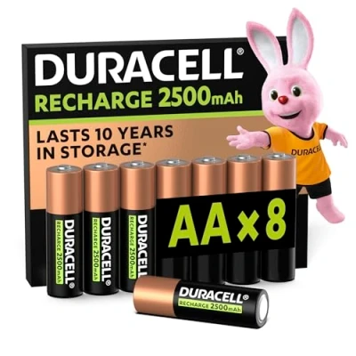 Imagen de Duracell pilas recargables AA (Paquete de 8), 2500 mAh NiMH, precargadas, nuestras no. 1 en duración, con 0% plástico 100% embalaje reciclable