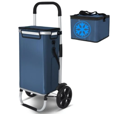 Imagen de VOUNOT Carrito Compra Plegable de Aluminio 2 Ruedas Carro la 3 en 1 con Bolsa Impermeable Desmontable Isotérmica Individual Compras Rodante Guardabarros, 50L Azul Marino