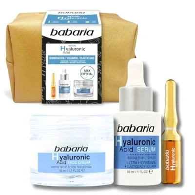 Imagen de Babaria Crema Hidratante Cara Acido hialuronico Facial 50ml, Serum Mujer 30 ml y Una Ampolla 2ml Volumen Elasticidad de Día Noche Set regalo