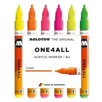 Imagen de Molotow One4All 127HS Juego de rotuladores acrílicos neón (grosor trazo 2,0 mm, opacos y permanentes, secado rápido, rellenables, para casi todas las superficies), 6 unidades surtidas