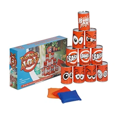 Imagen de Relaxdays Lanzar latas Juego Infantil Tumba Lata para Exterior, Derriba la Torre, 10 Latitas y 3 Bolsitas, Puntería, Multicolor, Poliéster, 10,5 x 6,5 cm
