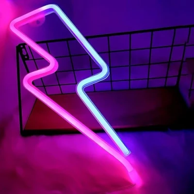 Imagen de luz LED de neón para decoración pared: Nizirioo Lightning Bolt señales con rosa y azul dormitorio USB/3 AA batería fuente alimentación bares, fiestas, Navidad