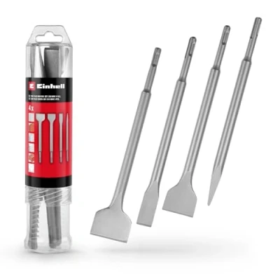 Imagen de Einhell Juego de 4 cinceles SDS Plus, 250 mm (con cincel puntiagudo, plano 20 mm, pala 40 azulejos 50 acero duradero 40Cr para trabajos demolición y