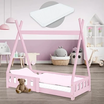 Imagen de ML Design Cama Infantil Tipi Rosa con Colchón 70x140 cm Protección Anticaída Y Somier Estructura Listones De Madera Maciza Pino para Niñas Niños Forma Casa Reja Juvenil Juego