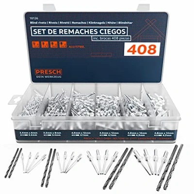 Imagen de Presch set de remaches ciegos con 408 piezas inc. brocas HSS juego 400 aluminio/acero 2,4 mm, 3,2 4,0 mm y 4,8 8 a 2,5 3,3 4,1 4,9