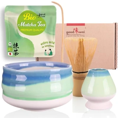Imagen de Goodwei Juego de Matcha 30g Té Biológico Japonés, Cuenco Ceremonial, Batidor y Soporte (Sumi)