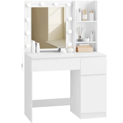Imagen de EUGAD Tocador de Maquillaje con Luz LED Ajustable, 10 Bombillas, Mesa Espejo, Moderno 2 Cajones Estantes y 1 Armario, 90x140x39,5 cm, Moderno, Blanco, 0055SZT