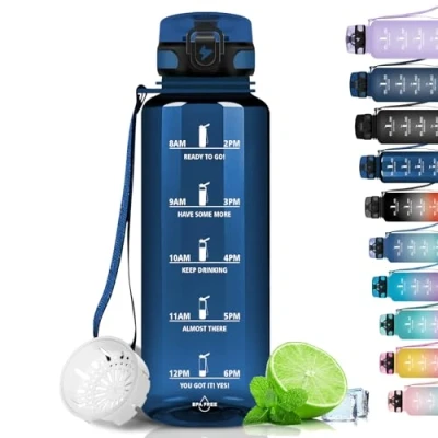 Imagen de Grsta Botella agua 1500ML de Deportiva, Gimnasio, a Prueba Fugas y no BPA, Gym Motivacional con Sello Tiempo para Ciclismo, Camping Azul Marino