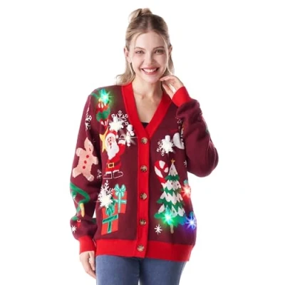 Imagen de Giggling Getup Ugly Sweater Cárdigan de punto para mujer, con luces LED y LED, rojo, XL
