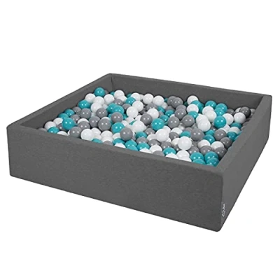 Imagen de KiddyMoon Piscina De Bolas 120X30cm/300 El Cuadrado Grande para Ninos,Hecha En La UE, Gris Oscuro:Gris/Blanco/Turquesa