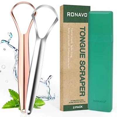 Imagen de Limpiador de Lengua con Estuche Viaje, Raspador Acero Inoxidable para Adultos Curar Mal Aliento, Tongue Scraper Limpieza Bucal, Eco, Fácil Limpiar, RONAVO