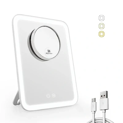 Imagen de EMKE Espejo de Maquillaje con iluminación, 3 Colores luz y 1/3 aumentos, luz, Giratorio 180, Recargable por USB, Aumento (Blanco)