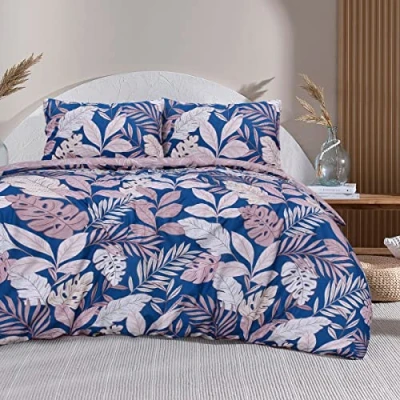 Imagen de Sleepdown Juego de Funda edredón Reversible fácil Cuidado con Palmeras Tropicales, Color Rosa y Azul Marino, Fundas Almohada, tamaño King (230 x 220 cm)