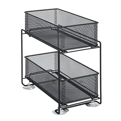 Imagen de WENKO Estantería Gioma, de Calidad con 2 estantes y Cesta extraíble para mobiliario Cocina o encimeras, cajonera Cocina, Metal Recubrimiento Polvo, 35 x 33,5 18,5 cm, Negra