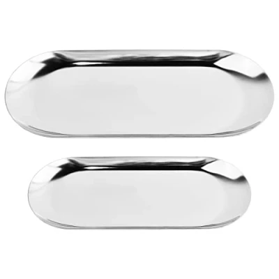 Imagen de 2 Piezas Bandejas Ovaladas, Bandeja de Almacenamiento Ovalada Acero Inoxidable, Joyería para Velas Cosméticos Perfume Joyas Llaves Aperitivos (Plata)