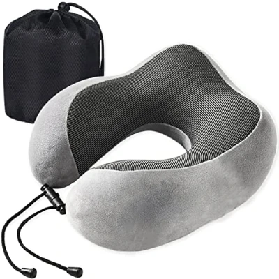Imagen de Almohada de Viaje,Cojin Cuello Espuma Memoria Portátil Viaje,Pequeño y Ligero,Adecuado para Viajar, Colchón Aire Suave Cómodo,Gris